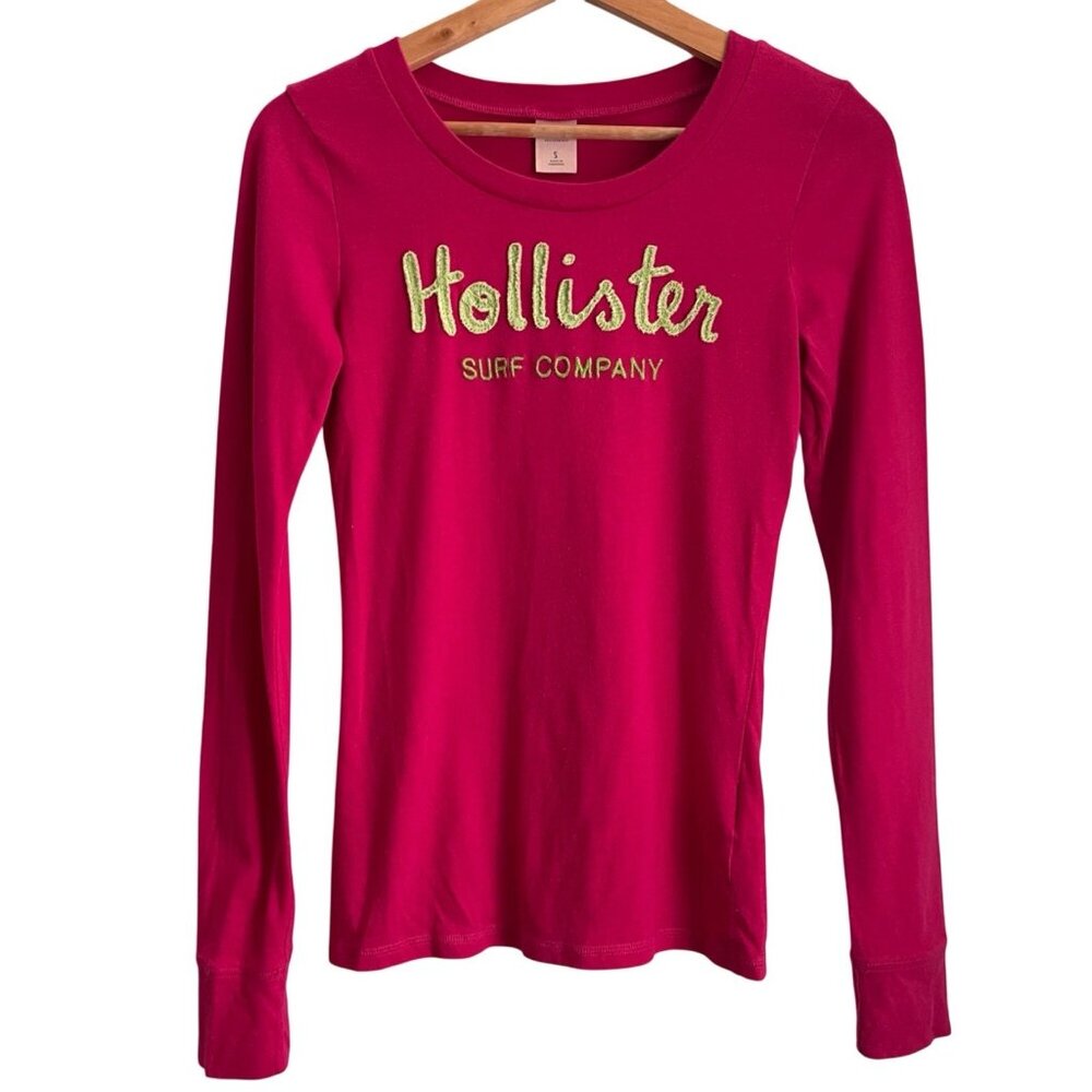 Hollister Women Y2K Surf Logo Long Sleeve Fitted Tee Size S Pink Casual Preppy